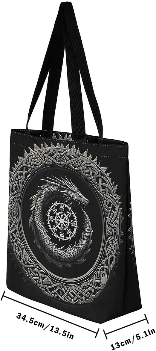 Castle Fairy Dragon Phoenix Canvas Tote Bag 19.7x5.1 Inch Animal Decor Shoulder Handbags for Shopping Gym