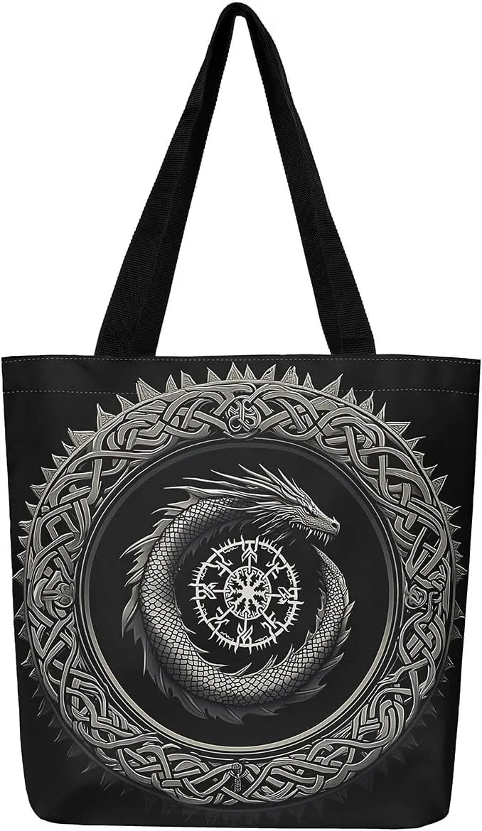 Castle Fairy Dragon Phoenix Canvas Tote Bag 19.7x5.1 Inch Animal Decor Shoulder Handbags for Shopping Gym