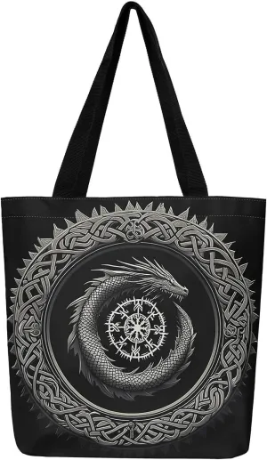Castle Fairy Dragon Phoenix Canvas Tote Bag 19.7x5.1 Inch Animal Decor Shoulder Handbags for Shopping Gym