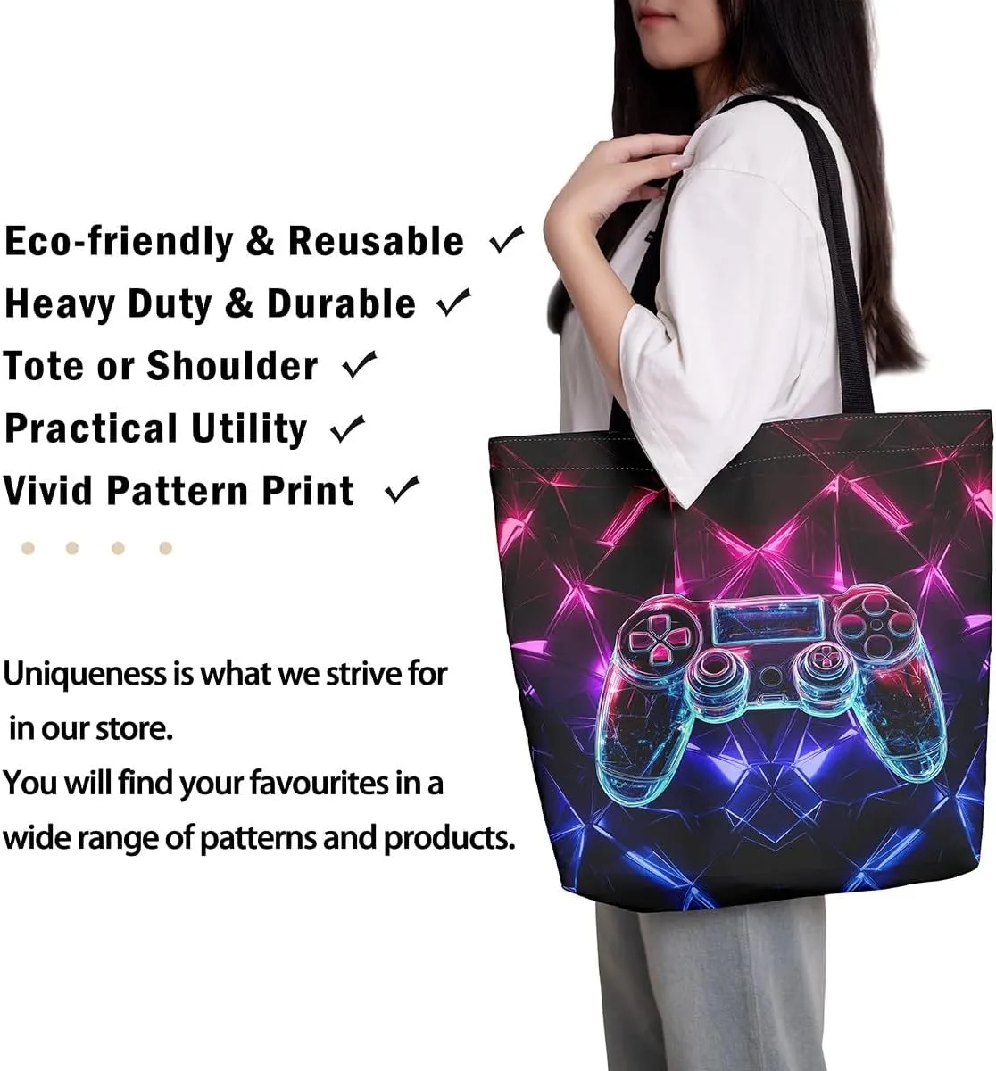 Castle Fairy Gamer Canvas Tote Bag Aesthetic for Women,Sports Reusable Grocery Handbag