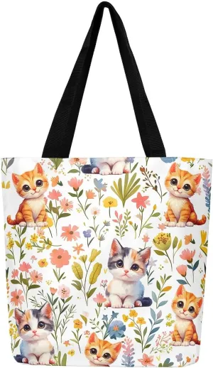 Castle Fairy Hippie Flowers Canvas Tote Bag Aesthetic for Women Girls,Cute Animals Reusable Grocery Handbag