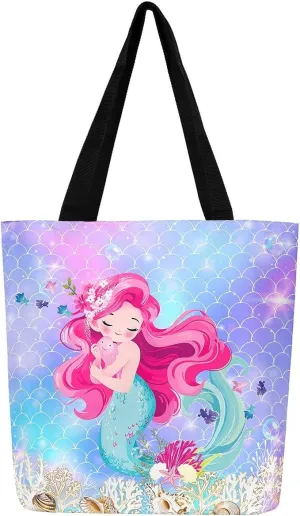 Castle Fairy Hippie Flowers Canvas Tote Bag Aesthetic for Women Girls,Cute Animals Reusable Grocery Handbag
