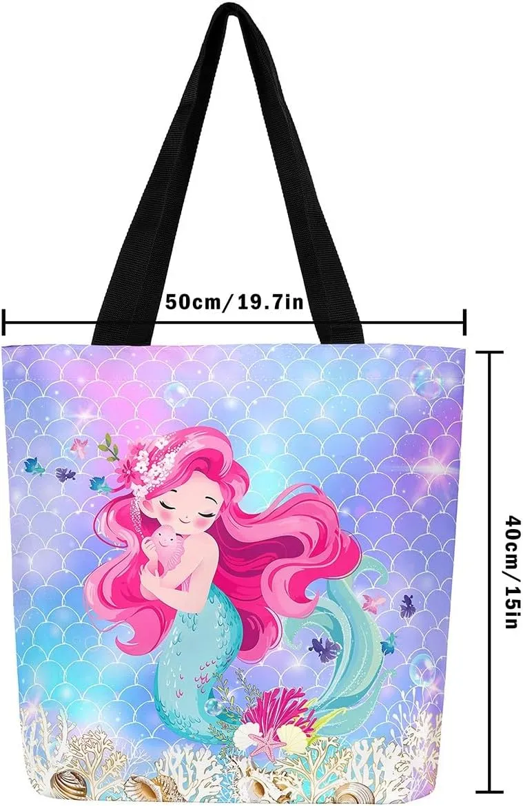 Castle Fairy Hippie Flowers Canvas Tote Bag Aesthetic for Women Girls,Cute Animals Reusable Grocery Handbag