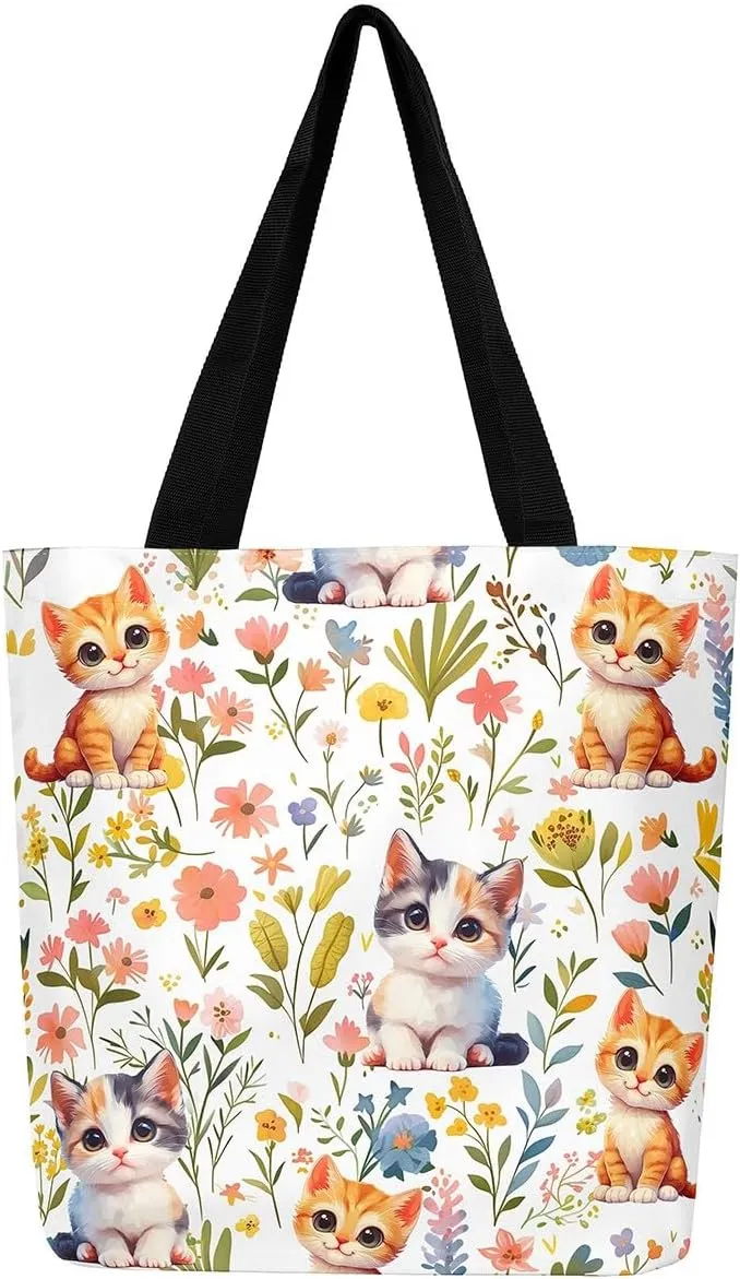 Castle Fairy Hippie Flowers Canvas Tote Bag Aesthetic for Women Girls,Cute Animals Reusable Grocery Handbag