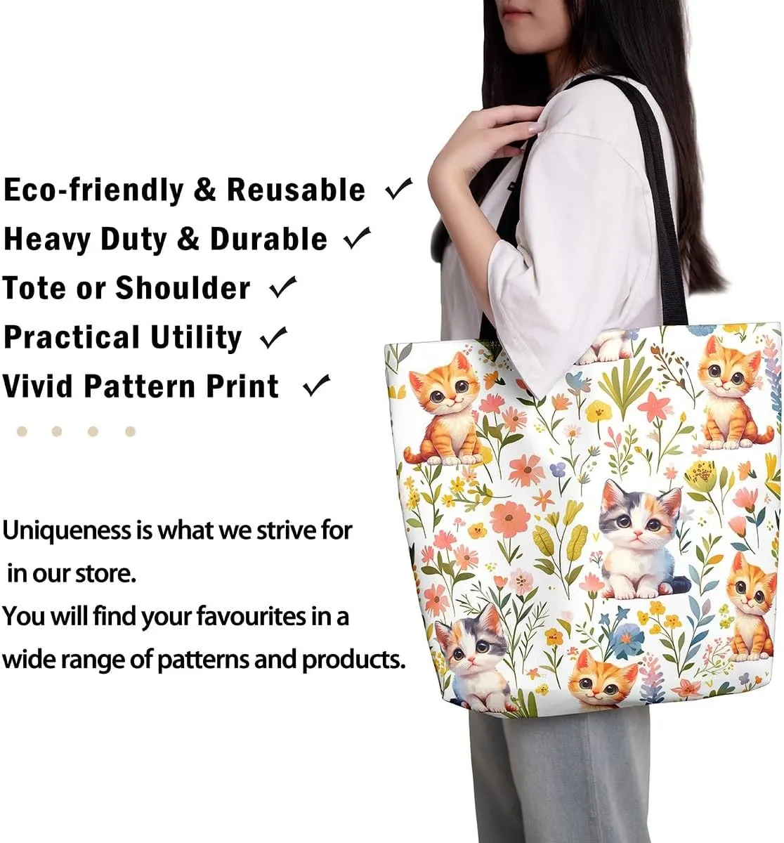 Castle Fairy Hippie Flowers Canvas Tote Bag Aesthetic for Women Girls,Cute Animals Reusable Grocery Handbag
