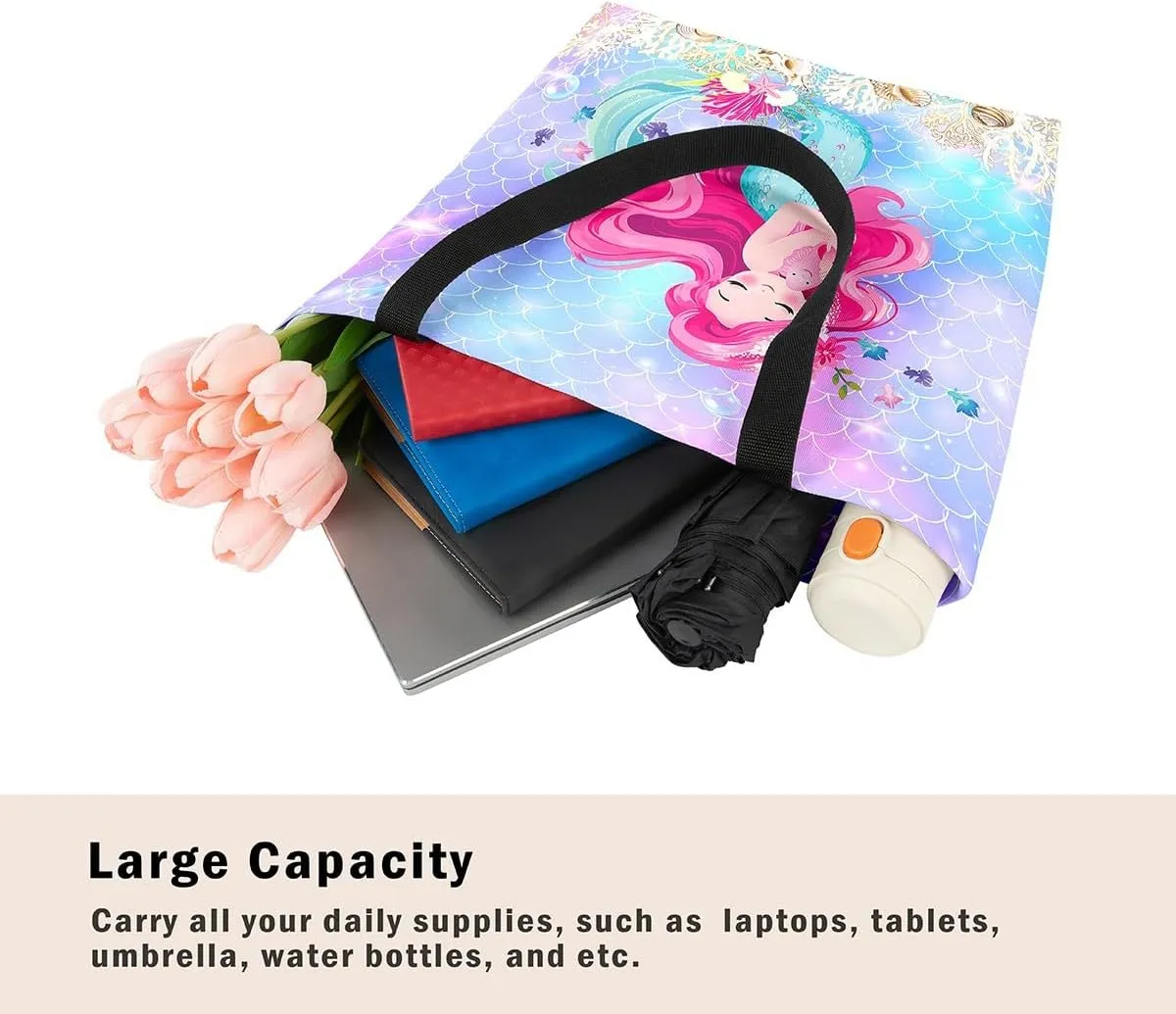 Castle Fairy Hippie Flowers Canvas Tote Bag Aesthetic for Women Girls,Cute Animals Reusable Grocery Handbag