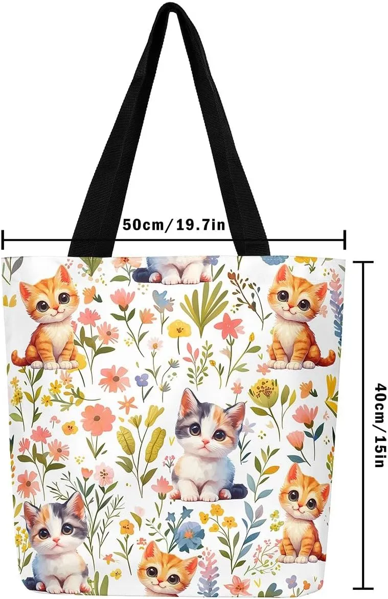Castle Fairy Hippie Flowers Canvas Tote Bag Aesthetic for Women Girls,Cute Animals Reusable Grocery Handbag