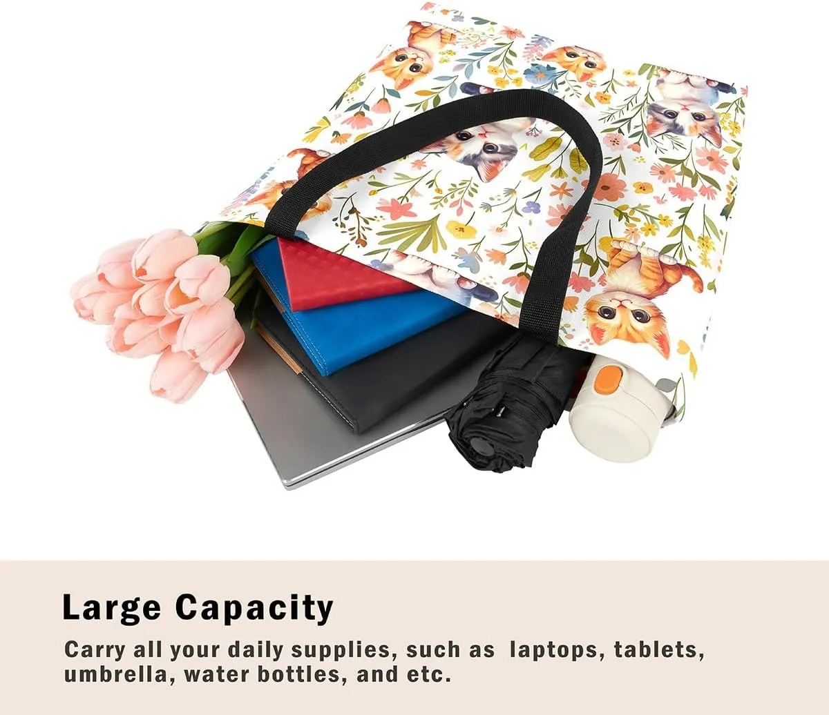 Castle Fairy Hippie Flowers Canvas Tote Bag Aesthetic for Women Girls,Cute Animals Reusable Grocery Handbag