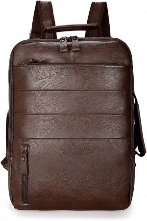Casual Bag Men Women Backpack Travel Quality PU Leather Laptop Computer Dark Brown