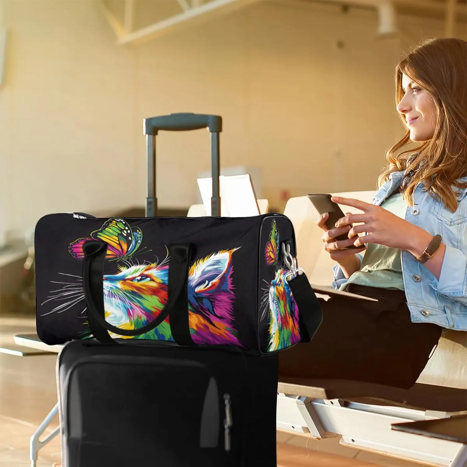 Cat Duffle Bag for Travel, Overnight Weekend Gym Carry On Luggage Bag, Butterfly Travel Duffel Bag for Men Women