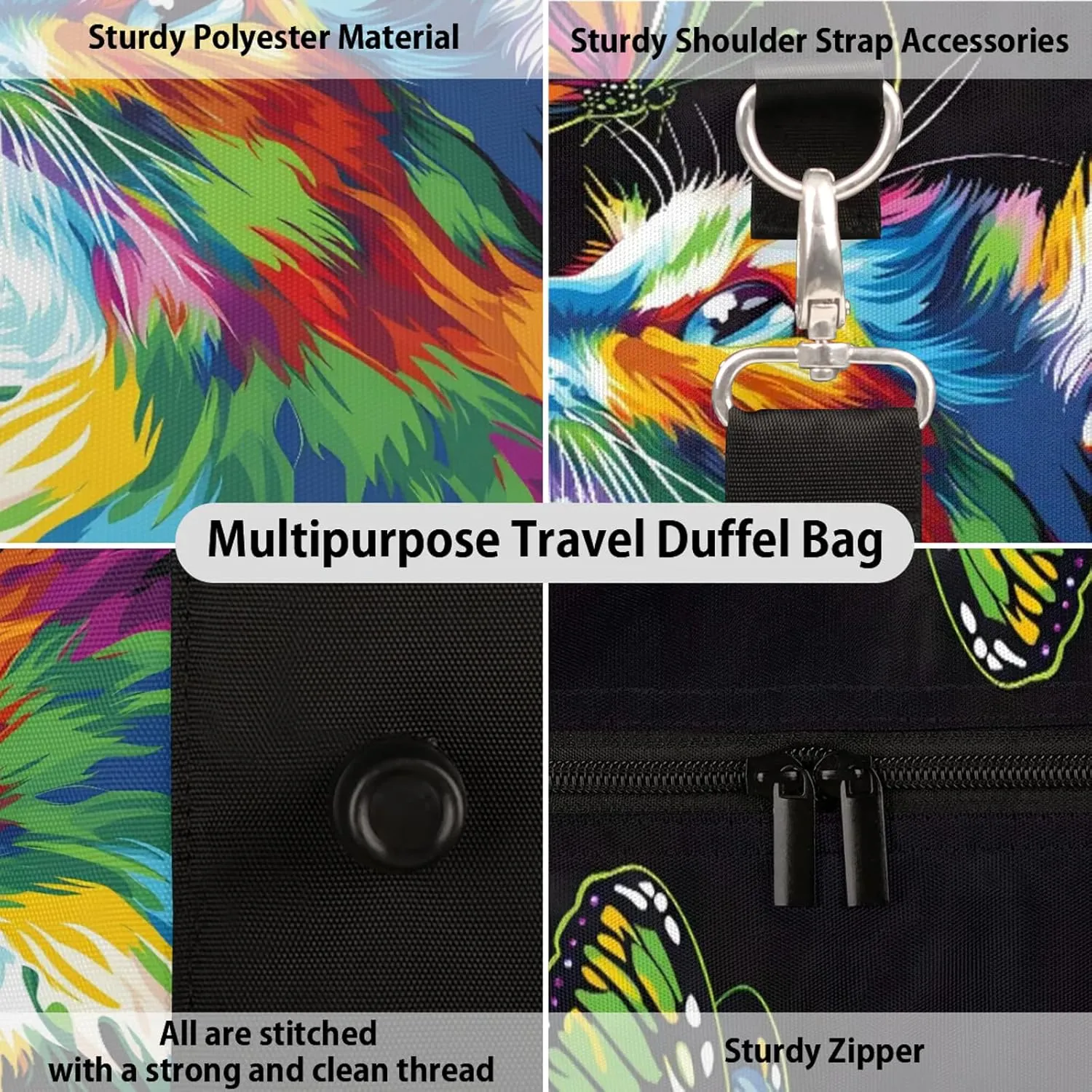 Cat Duffle Bag for Travel, Overnight Weekend Gym Carry On Luggage Bag, Butterfly Travel Duffel Bag for Men Women