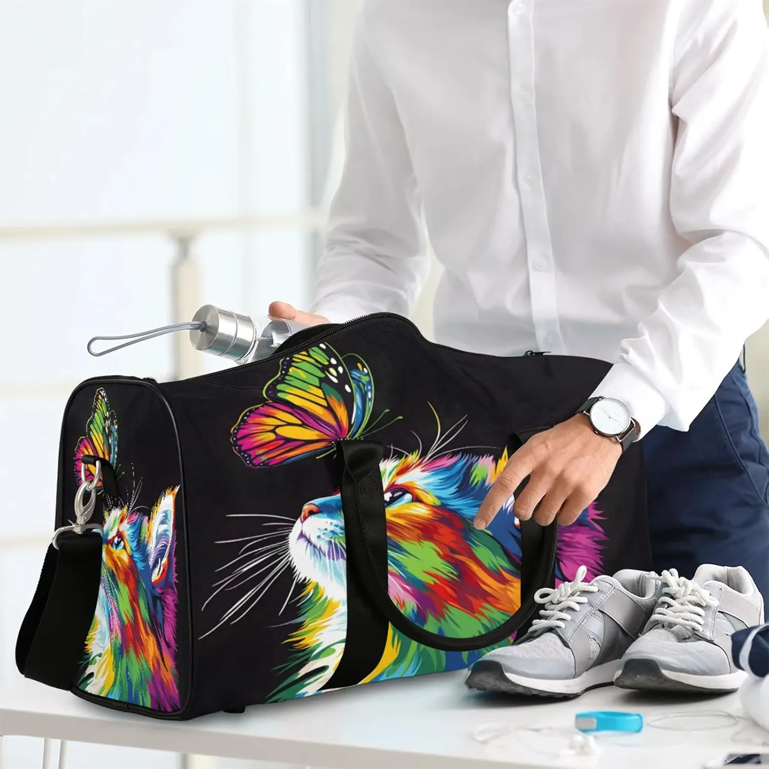 Cat Duffle Bag for Travel, Overnight Weekend Gym Carry On Luggage Bag, Butterfly Travel Duffel Bag for Men Women