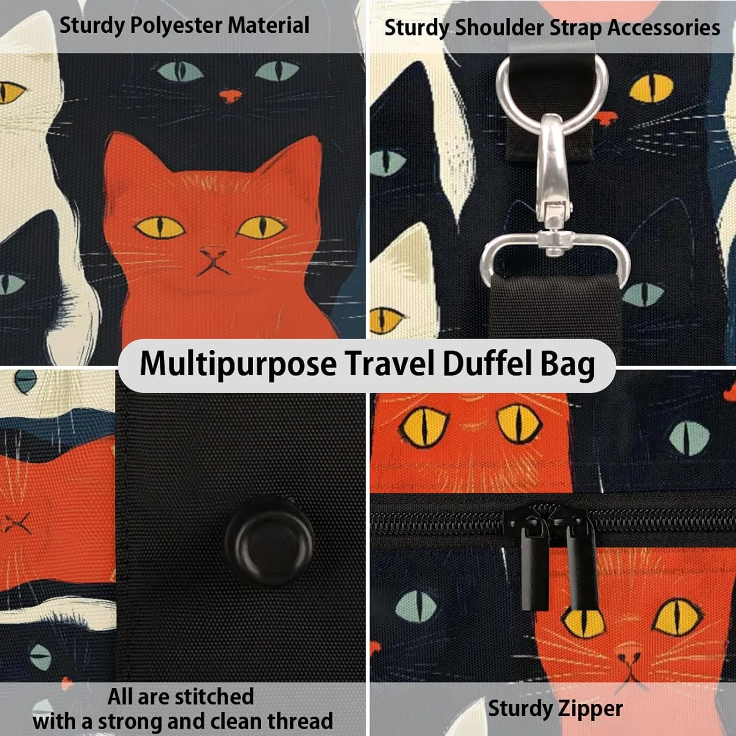 Cat Duffle Bag for Travel, Overnight Weekend Gym Carry On Luggage Bag, Cat Printed Travel Duffel Bag for Men Women