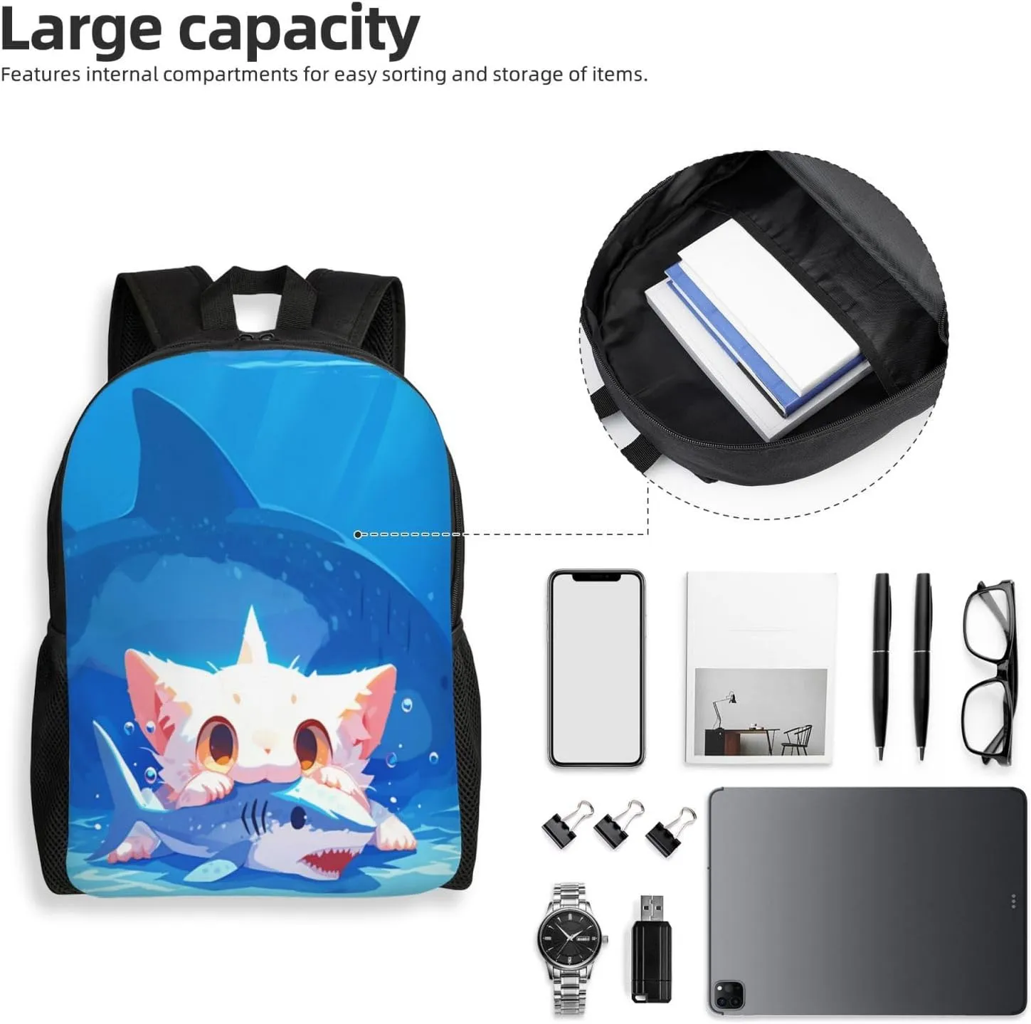 Cat Eating Fish Backpack Waterproof Anti Theft Durable Light Laptop Bag Backpacks For Women Men Travel Gym Backpack