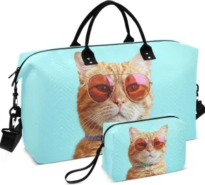 Cat in Sunglasses on Blue Travel Bag Duffel Toiletry Bag Set of 2, Flower Sports Dance Bag Carry on Bags for Airplanes