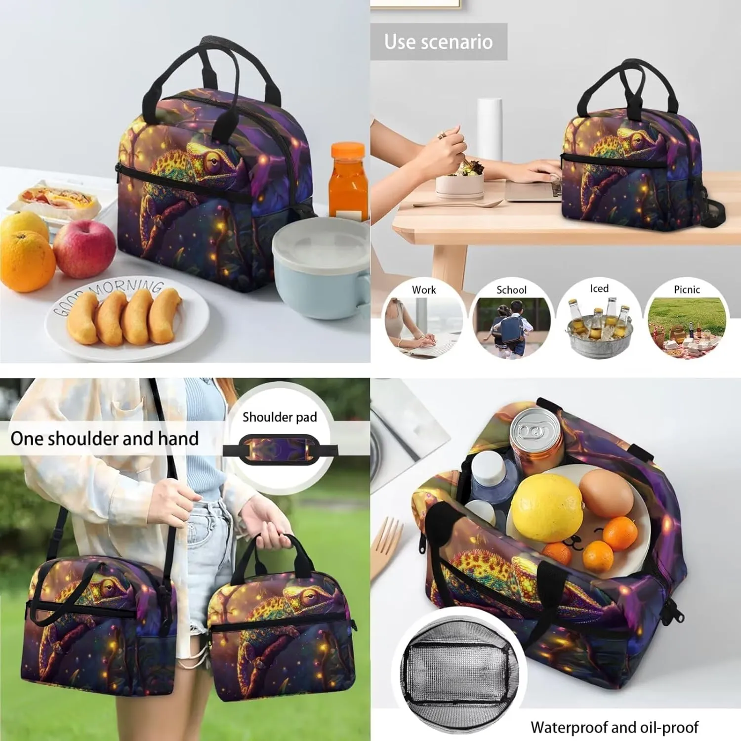 Chameleon 4 Pcs Set Kids School Backpack with Lunch Bag for Boys 1st Grade Cool Backpacks for Boys Bookbags for Ages 9-12 Pencil Case Bookmarks Shoulder Bag for Elementary School