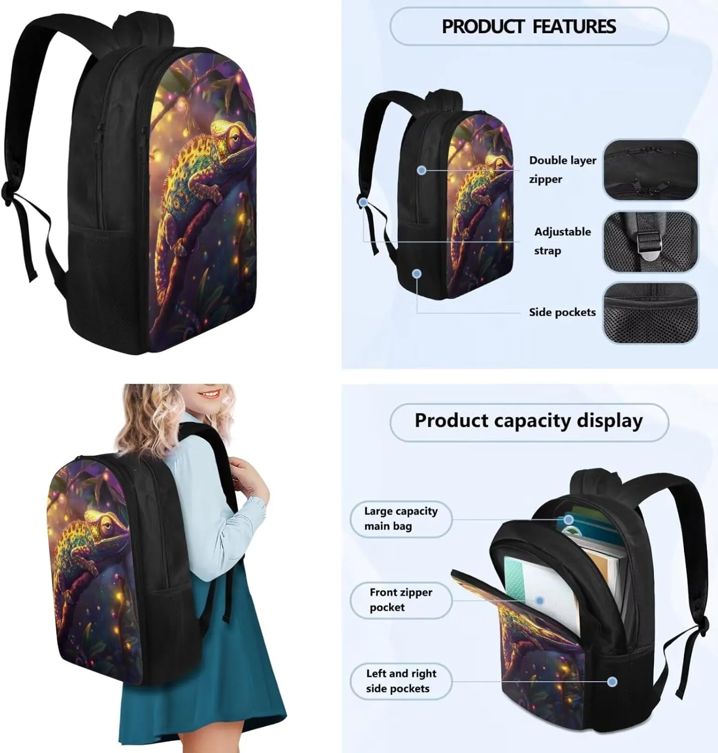 Chameleon 4 Pcs Set Kids School Backpack with Lunch Bag for Boys 1st Grade Cool Backpacks for Boys Bookbags for Ages 9-12 Pencil Case Bookmarks Shoulder Bag for Elementary School