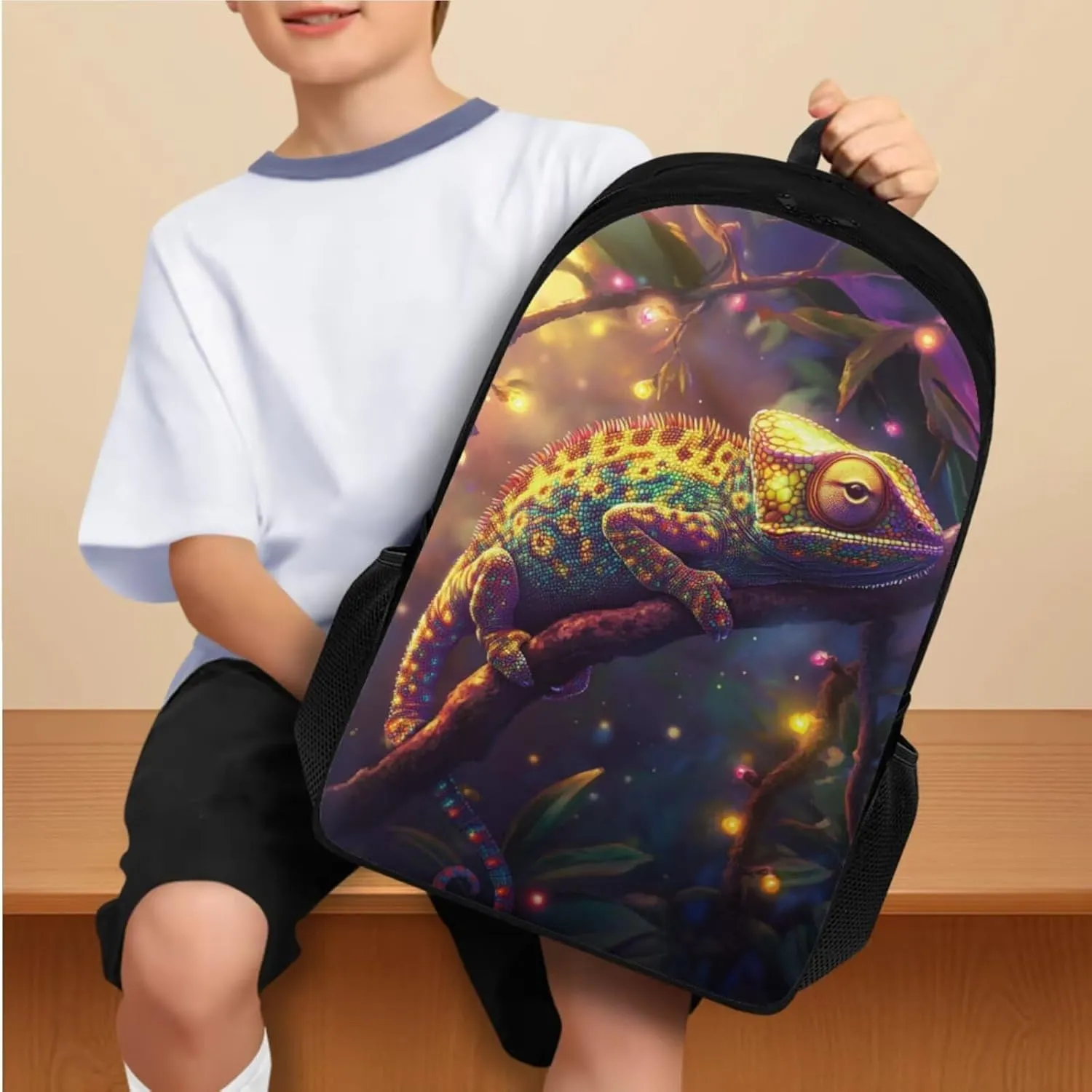 Chameleon 4 Pcs Set Kids School Backpack with Lunch Bag for Boys 1st Grade Cool Backpacks for Boys Bookbags for Ages 9-12 Pencil Case Bookmarks Shoulder Bag for Elementary School
