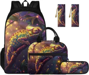 Chameleon 4 Pcs Set Kids School Backpack with Lunch Bag for Boys 1st Grade Cool Backpacks for Boys Bookbags for Ages 9-12 Pencil Case Bookmarks Shoulder Bag for Elementary School