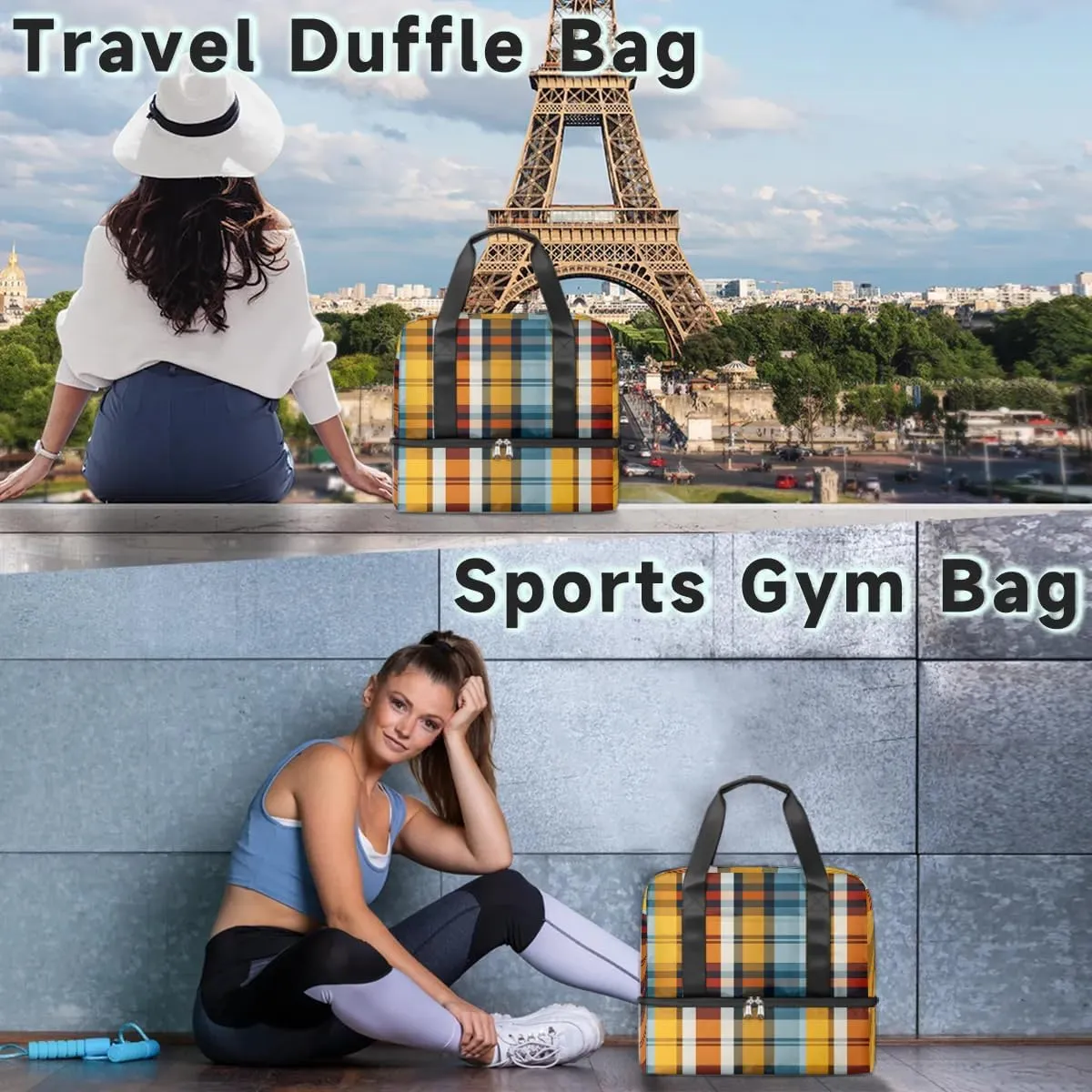 Check Travel Duffel Bag Dry Wet Separated Sports Tote Travel Duffle Bag Gym Workout Bag Women Travel Duffel Bag for Women, Travel, Gym, Work