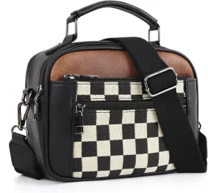 Checkerboard Pattern Color Block Crossbody Bag, Crossbody Bag Stylish PU Leather Casual Bag with Adjustable Shoulder Strap