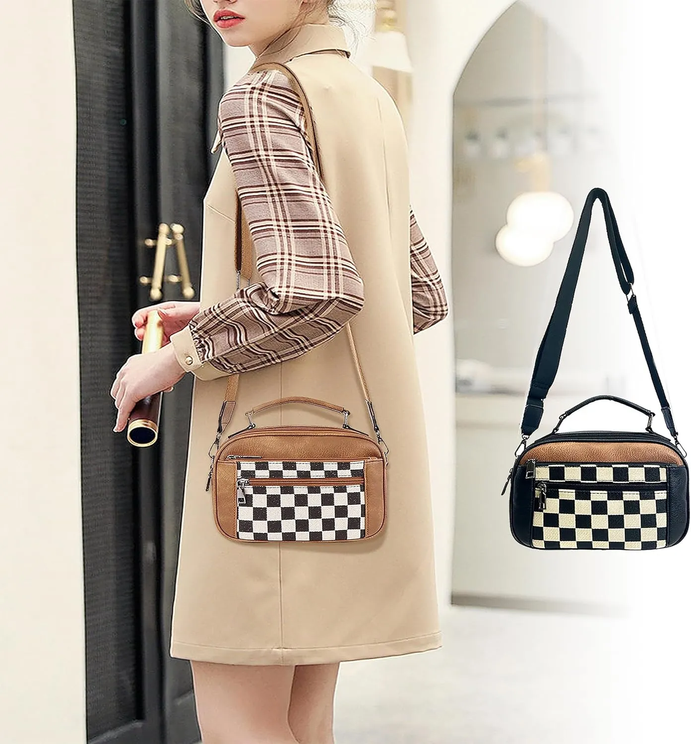 Checkerboard Pattern Color Block Crossbody Bag, Crossbody Bag Stylish PU Leather Casual Bag with Adjustable Shoulder Strap