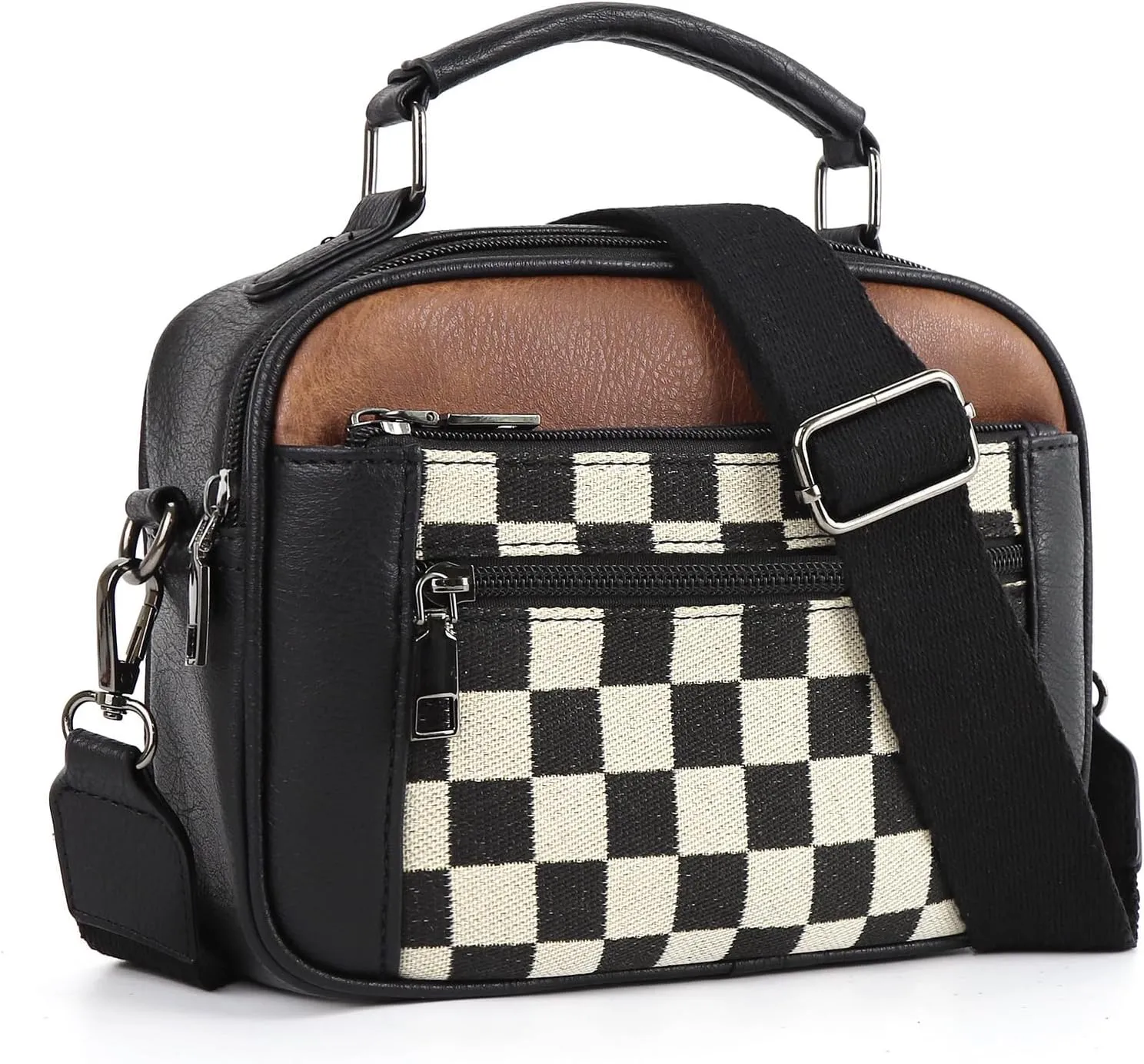 Checkerboard Pattern Color Block Crossbody Bag, Crossbody Bag Stylish PU Leather Casual Bag with Adjustable Shoulder Strap