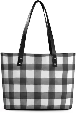 Checkered Black And White Large Capacity Portable Leather Handbag
