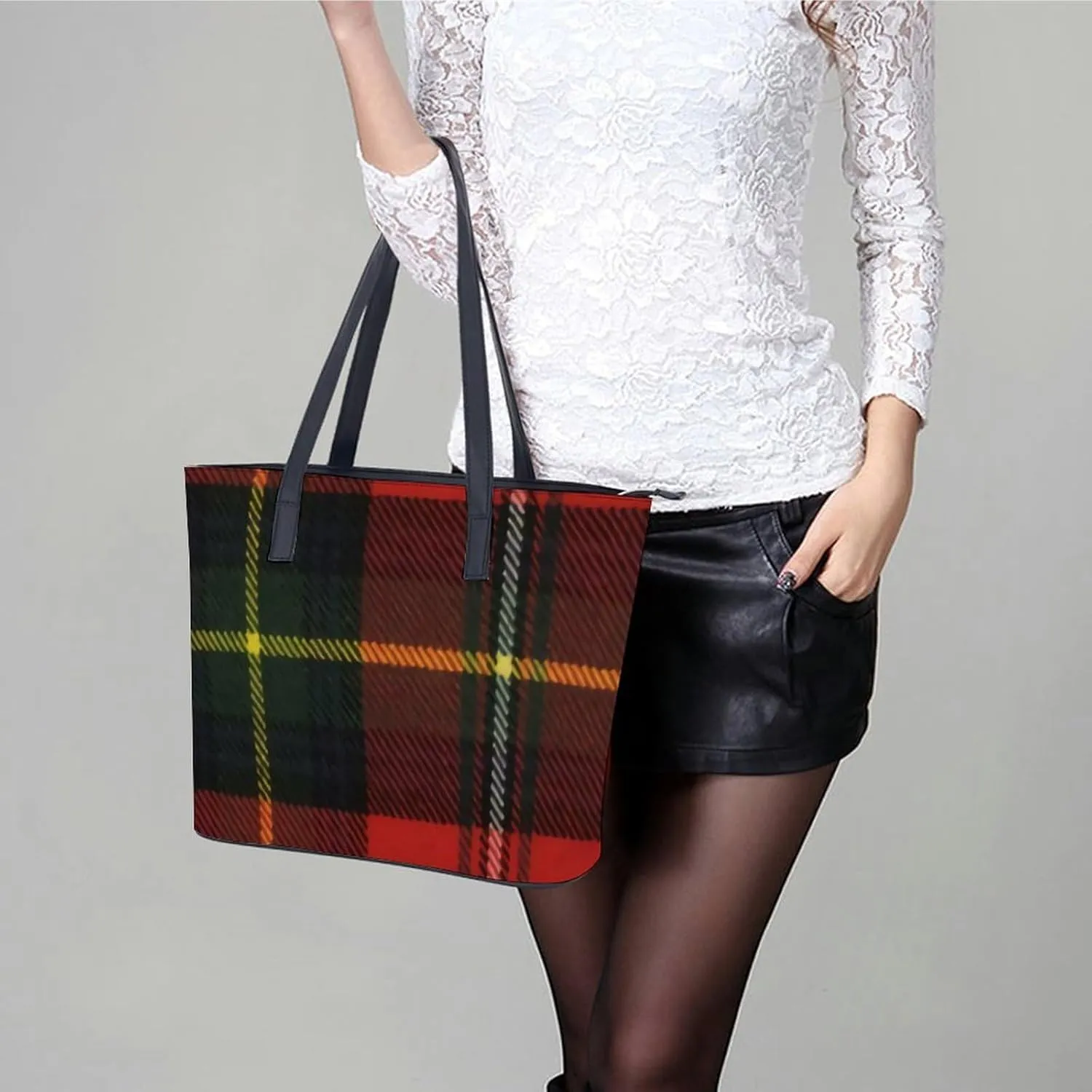 Checkered Black And White Large Capacity Portable Leather Handbag