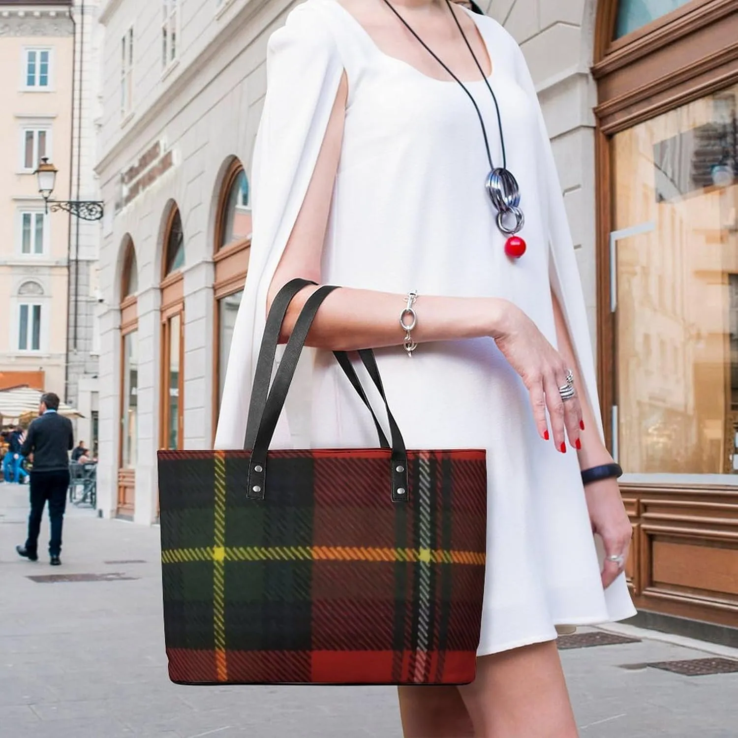 Checkered Black And White Large Capacity Portable Leather Handbag