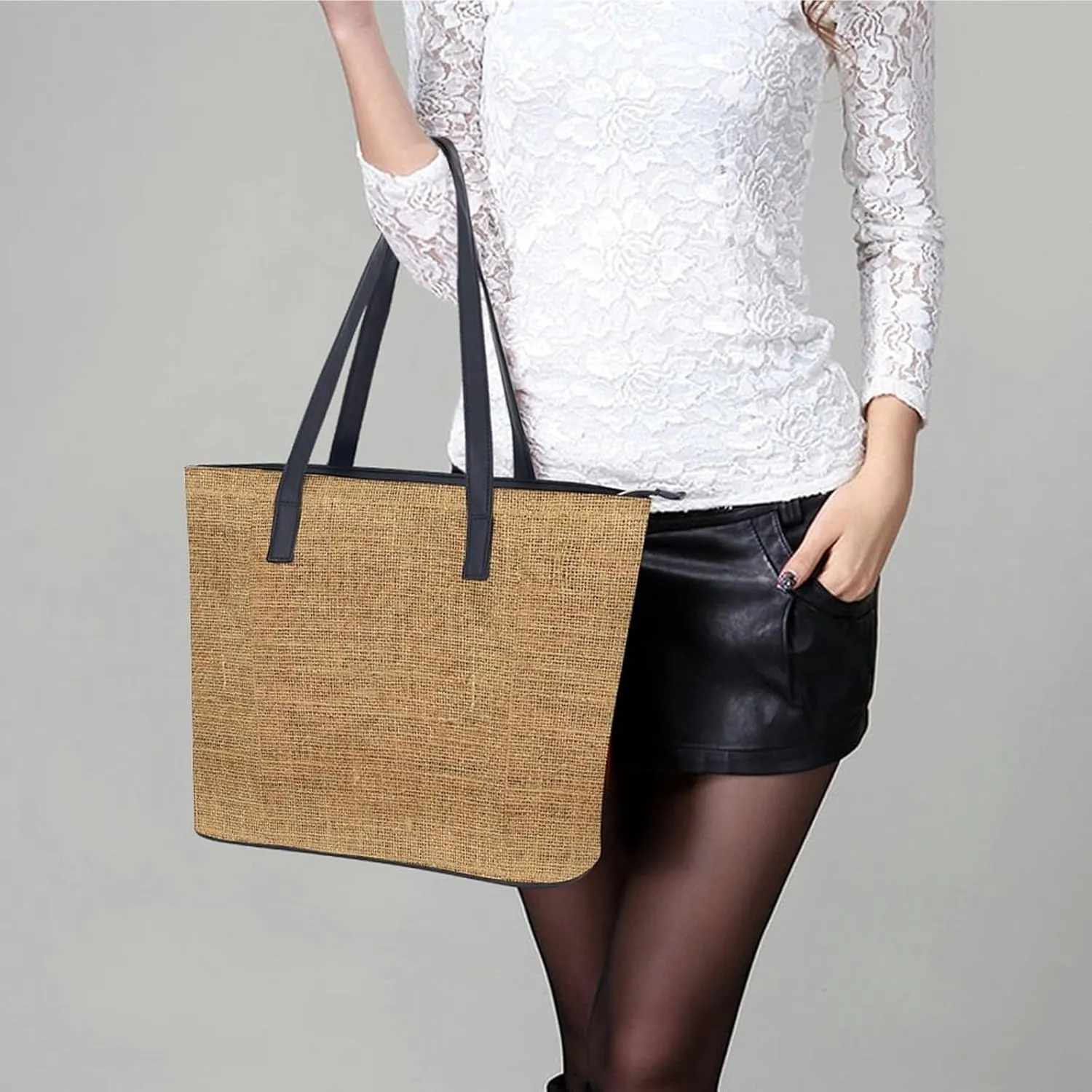 Checkered Black And White Large Capacity Portable Leather Handbag