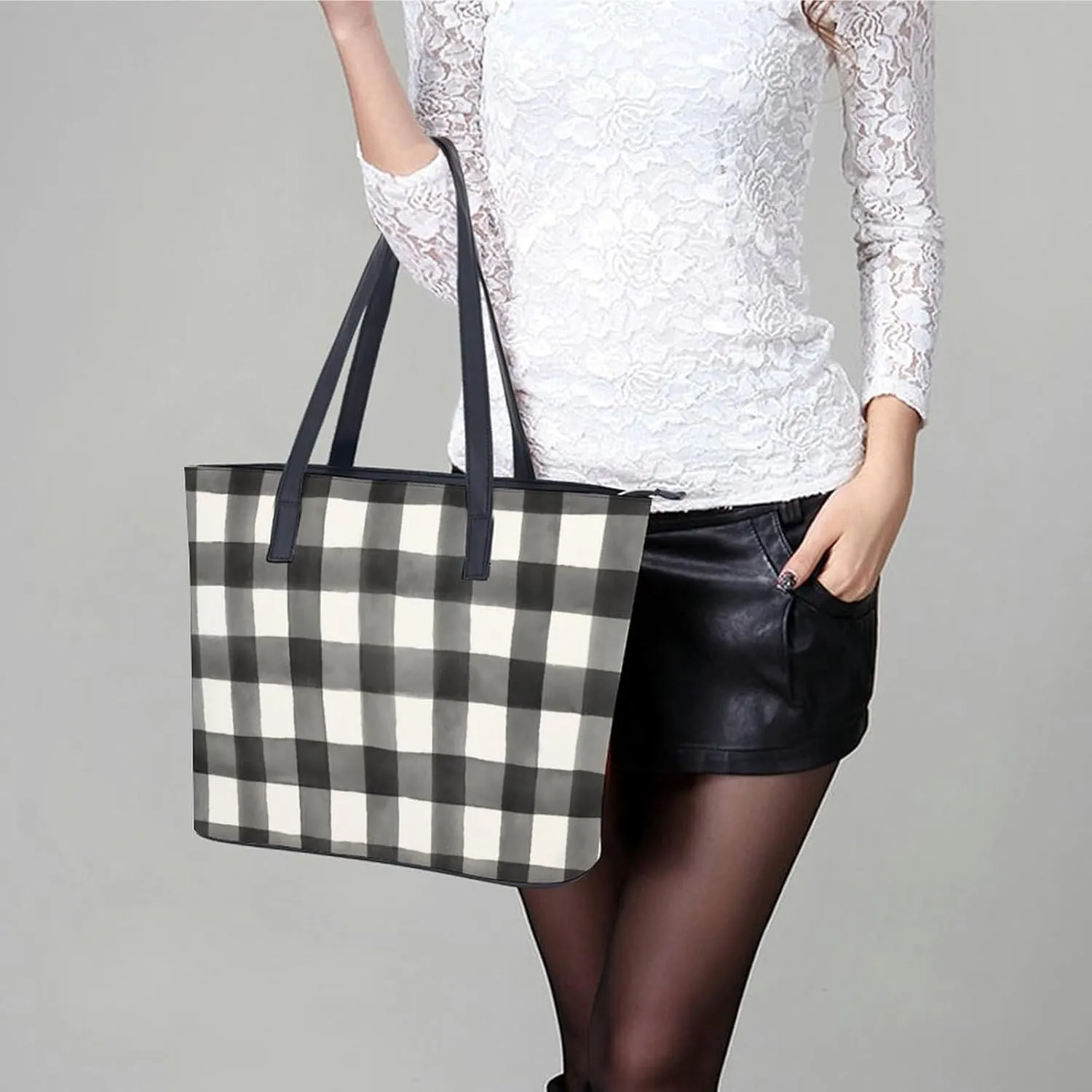 Checkered Black And White Large Capacity Portable Leather Handbag