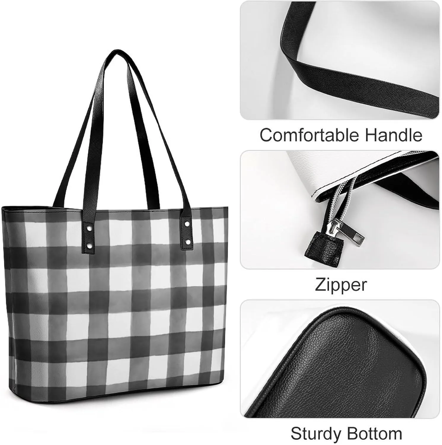 Checkered Black And White Large Capacity Portable Leather Handbag