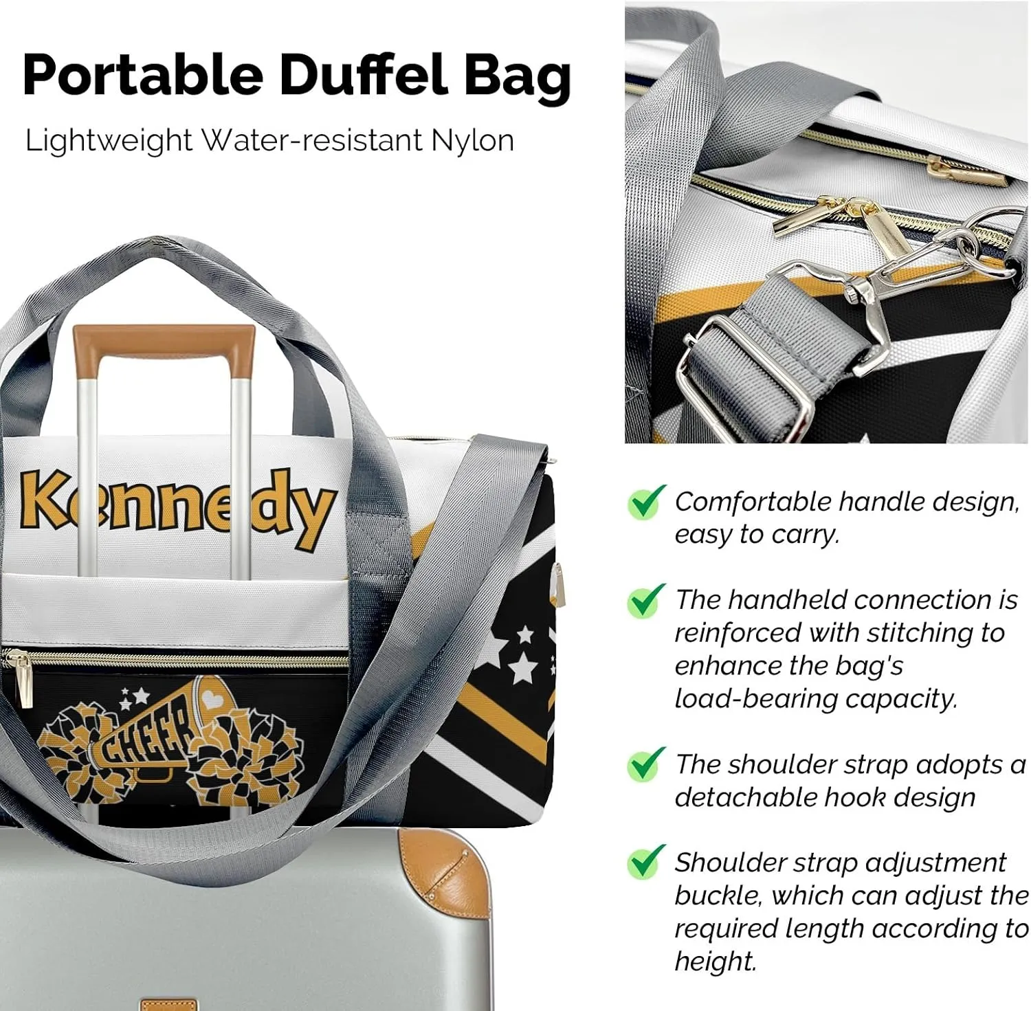 Cheer Cheerleader Gold White Multifunction Sport Duffel Bag Gym Travel Perform Training Weekender Bags Getaway Bags