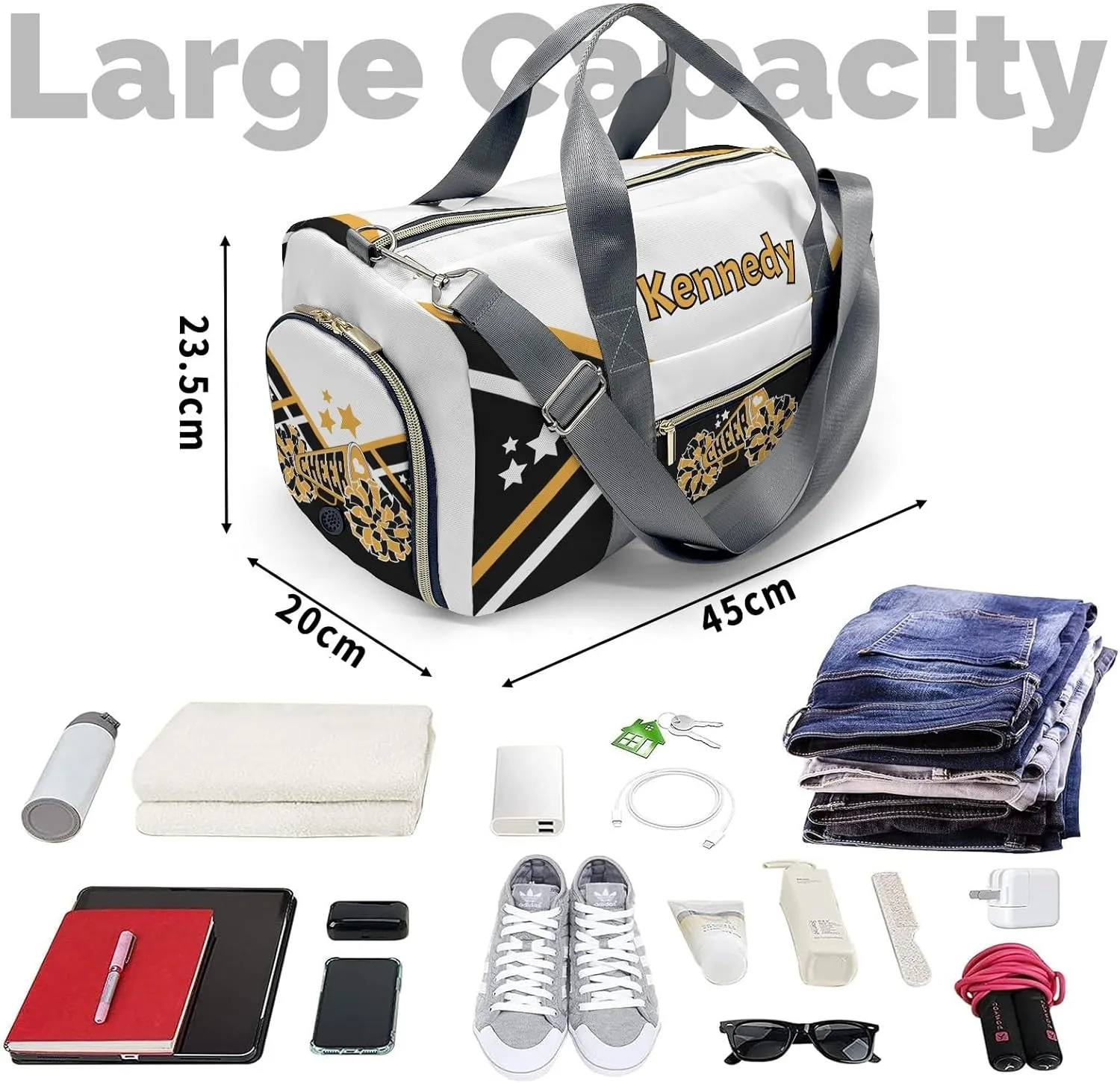 Cheer Cheerleader Gold White Multifunction Sport Duffel Bag Gym Travel Perform Training Weekender Bags Getaway Bags