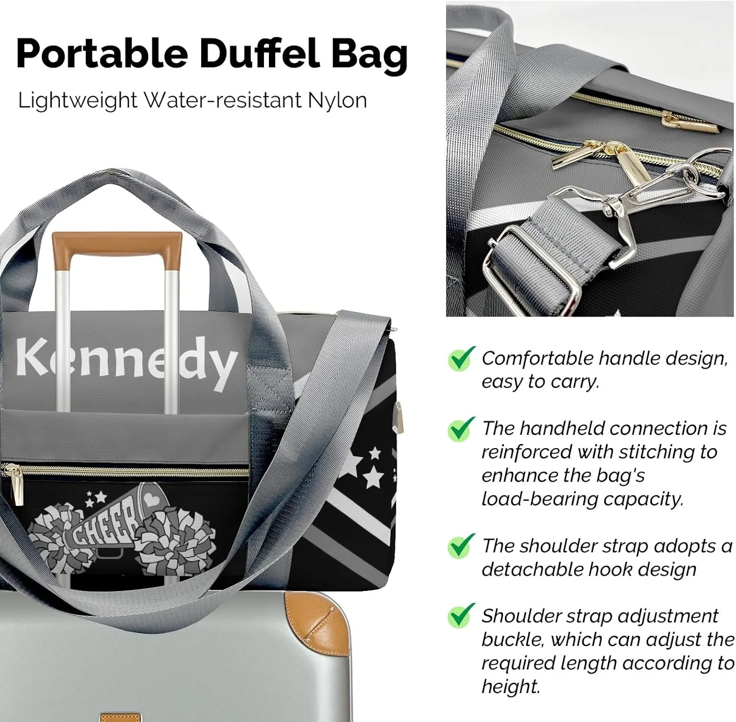 Cheer Cheerleader Grey Duffel Bag Custom Waterproof Sport Gym Travel Perform Training Bags with Name