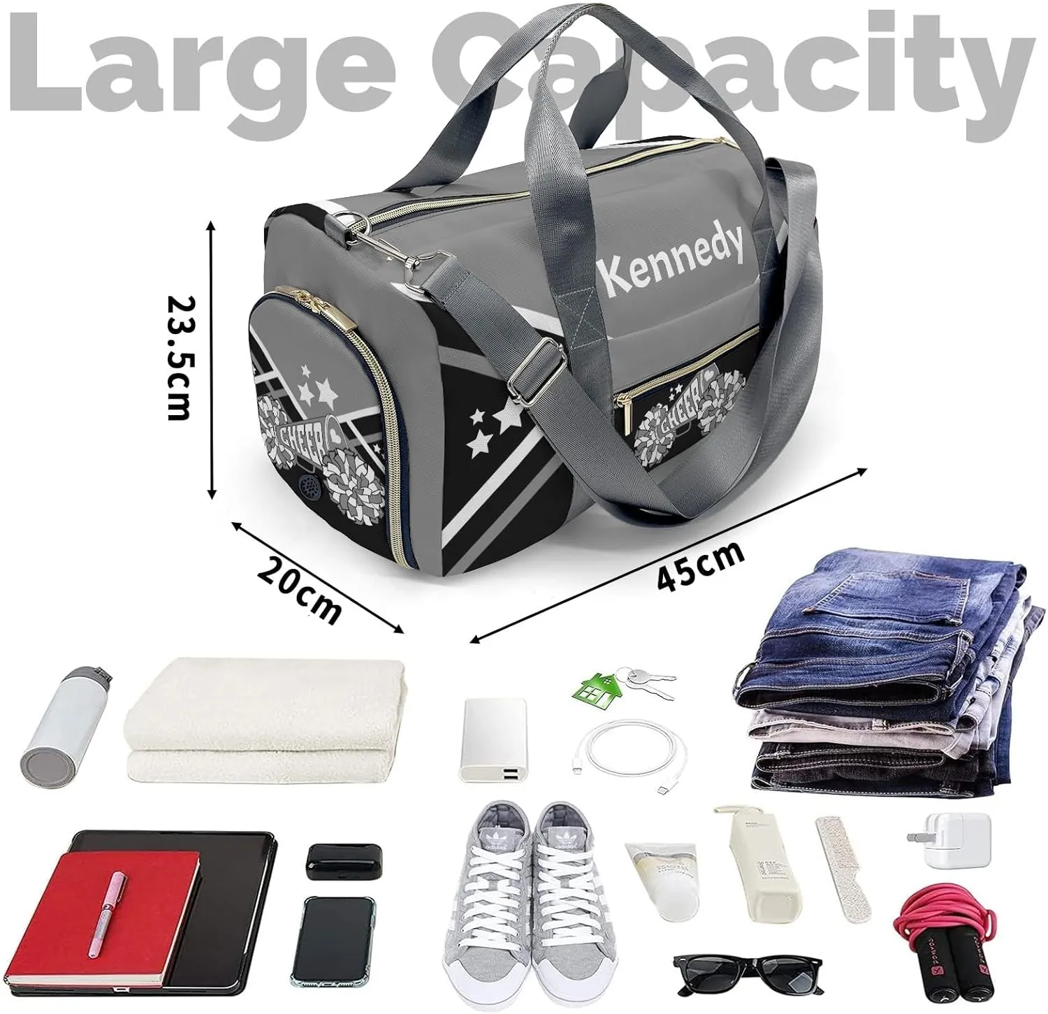 Cheer Cheerleader Grey Duffel Bag Custom Waterproof Sport Gym Travel Perform Training Bags with Name