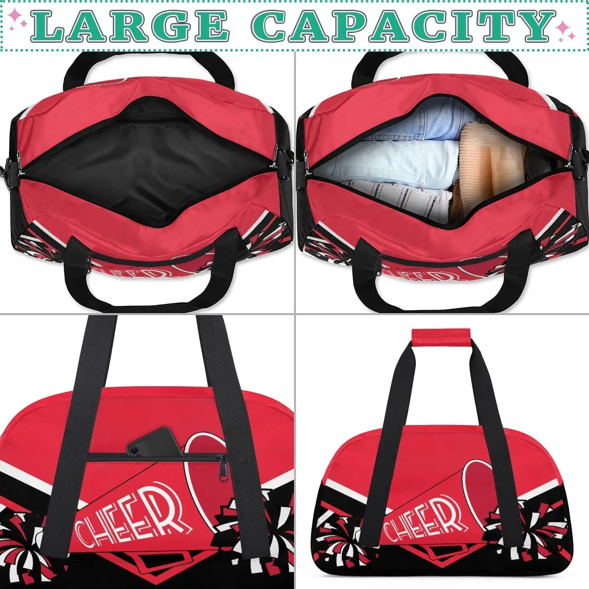Cheer Kids Overnight Duffel Bags for Girls Red Black Cheerleading Sport Gym Bag Duffel Bag for Travel Weekender Practice Gymnastics Ballet School Cheerleader Gym Duffel Bag