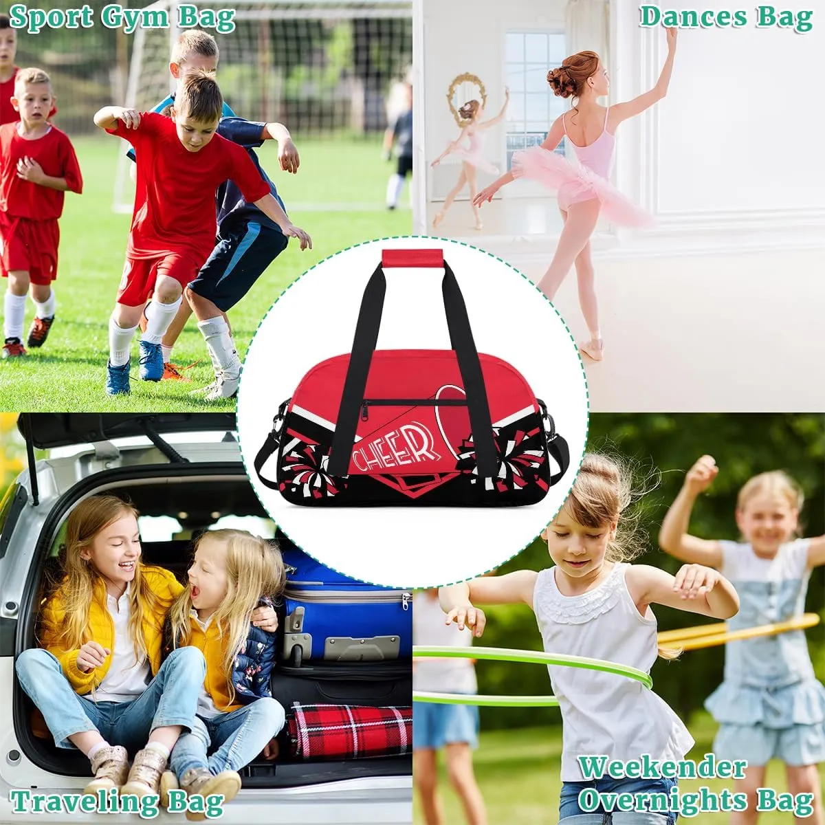 Cheer Kids Overnight Duffel Bags for Girls Red Black Cheerleading Sport Gym Bag Duffel Bag for Travel Weekender Practice Gymnastics Ballet School Cheerleader Gym Duffel Bag