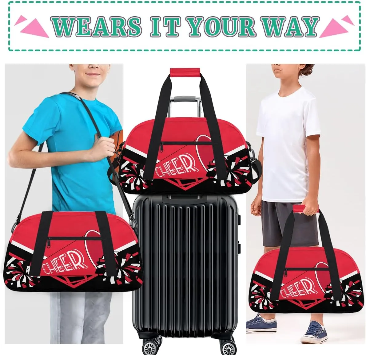 Cheer Kids Overnight Duffel Bags for Girls Red Black Cheerleading Sport Gym Bag Duffel Bag for Travel Weekender Practice Gymnastics Ballet School Cheerleader Gym Duffel Bag