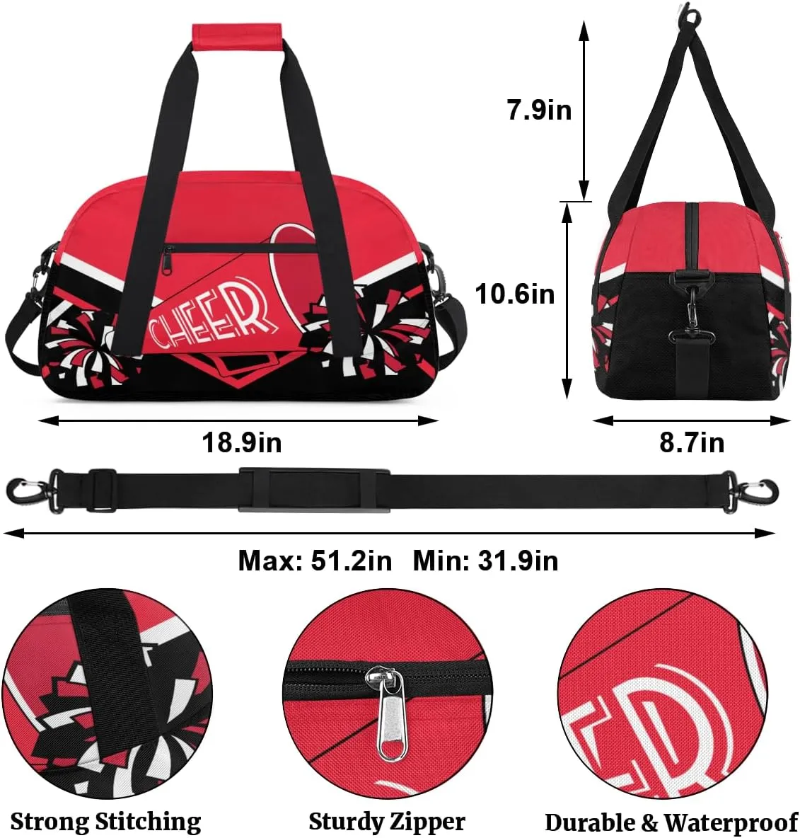 Cheer Kids Overnight Duffel Bags for Girls Red Black Cheerleading Sport Gym Bag Duffel Bag for Travel Weekender Practice Gymnastics Ballet School Cheerleader Gym Duffel Bag