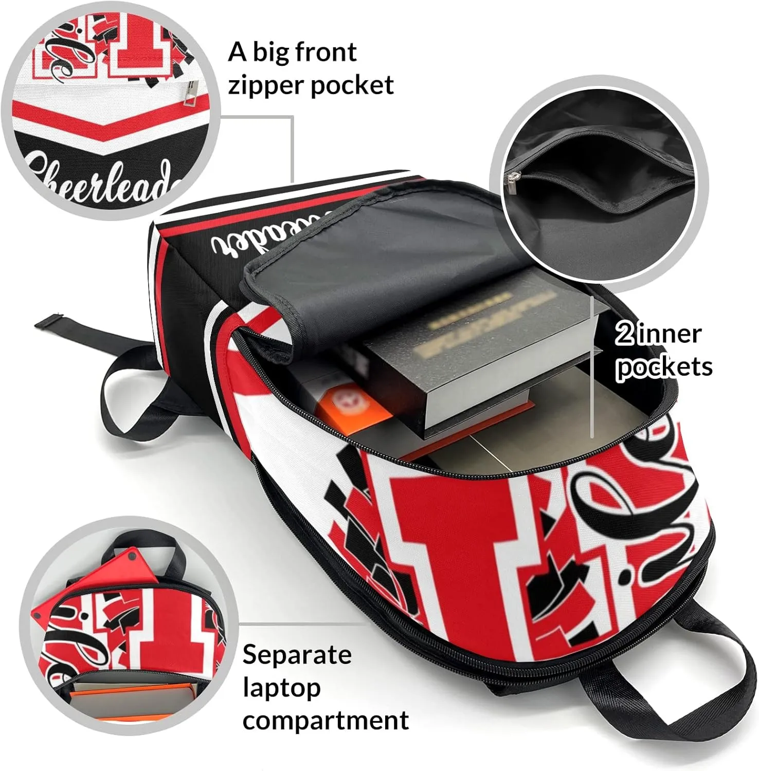 Cheerleader Black Red Personalized Backpack for Teen Boys Girls,Custom Travel Backpack Bookbag Casual Bag Name Gift