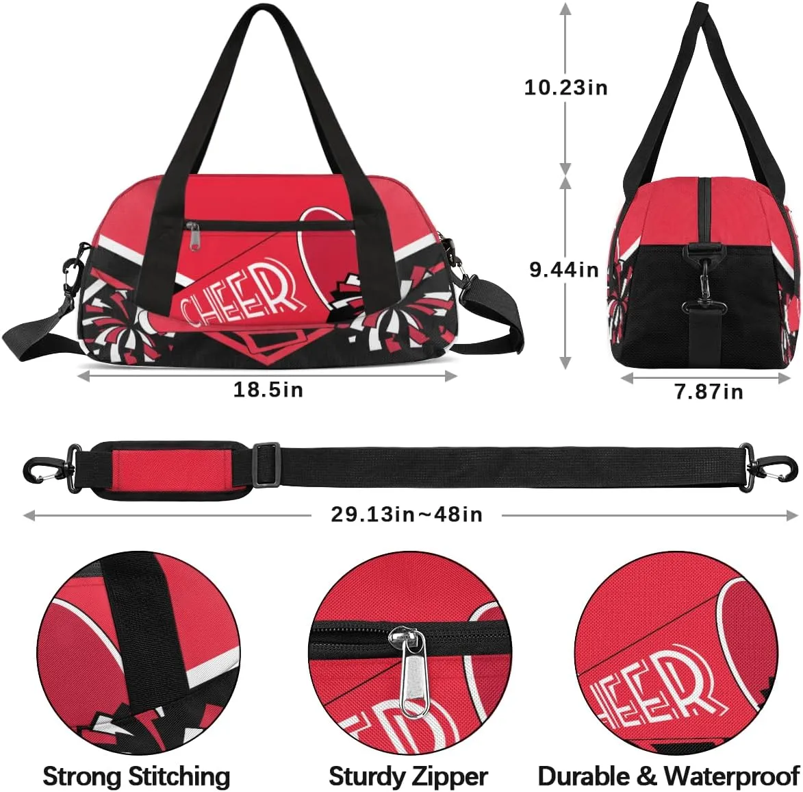Cheerleader Overnight Duffel Bags for Girls Red Black Cheer Sport Gym Bag Duffel Bag for Travel Weekender Practice Gymnastics Ballet School Gym Sleepover Bag