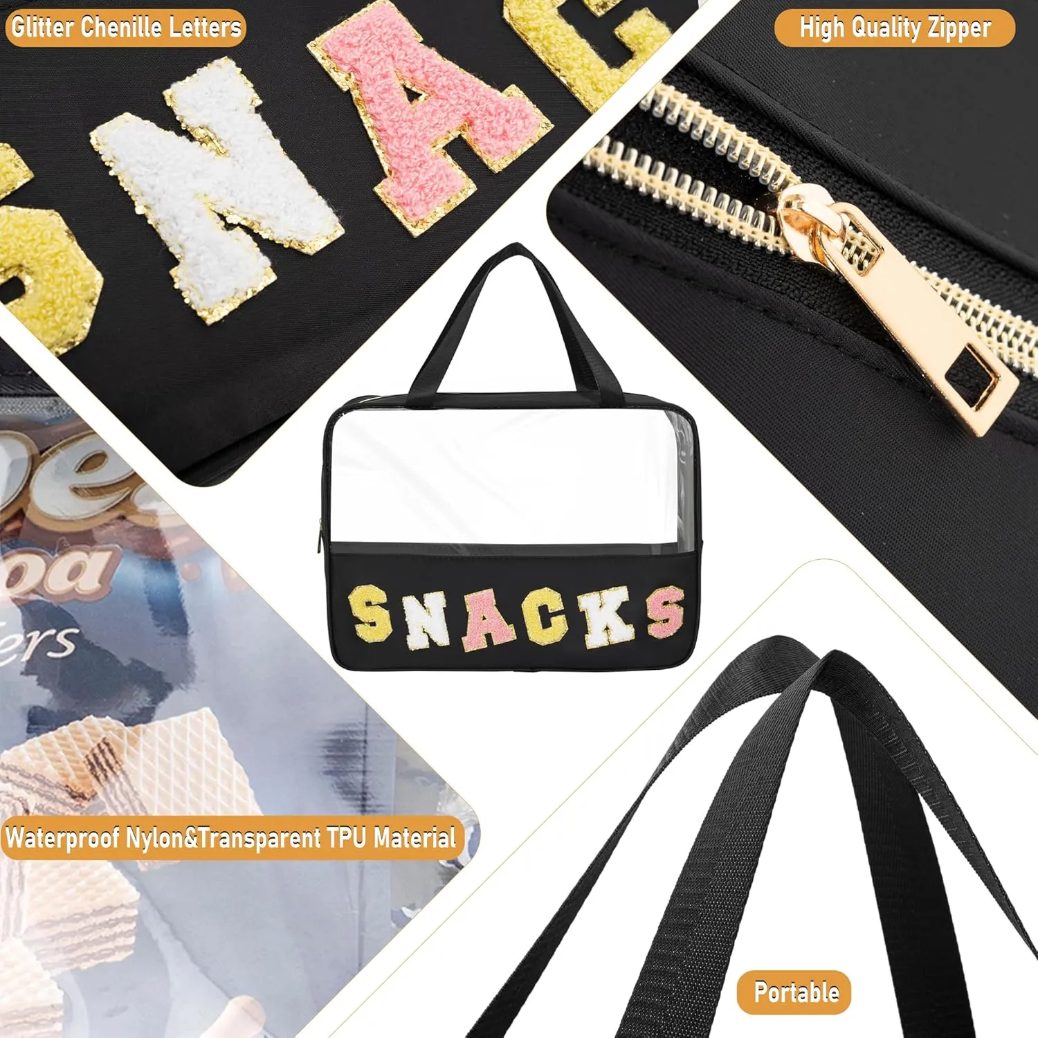 Chenille Letter Snacks Bag Zipper Pouch TPU&Nylon Clear Cosmetic Bag with Handle Toiletry Bags Travel Makeup Bag Multi-purpose Clear Pouches For Women (SNACKS, Black-Large)