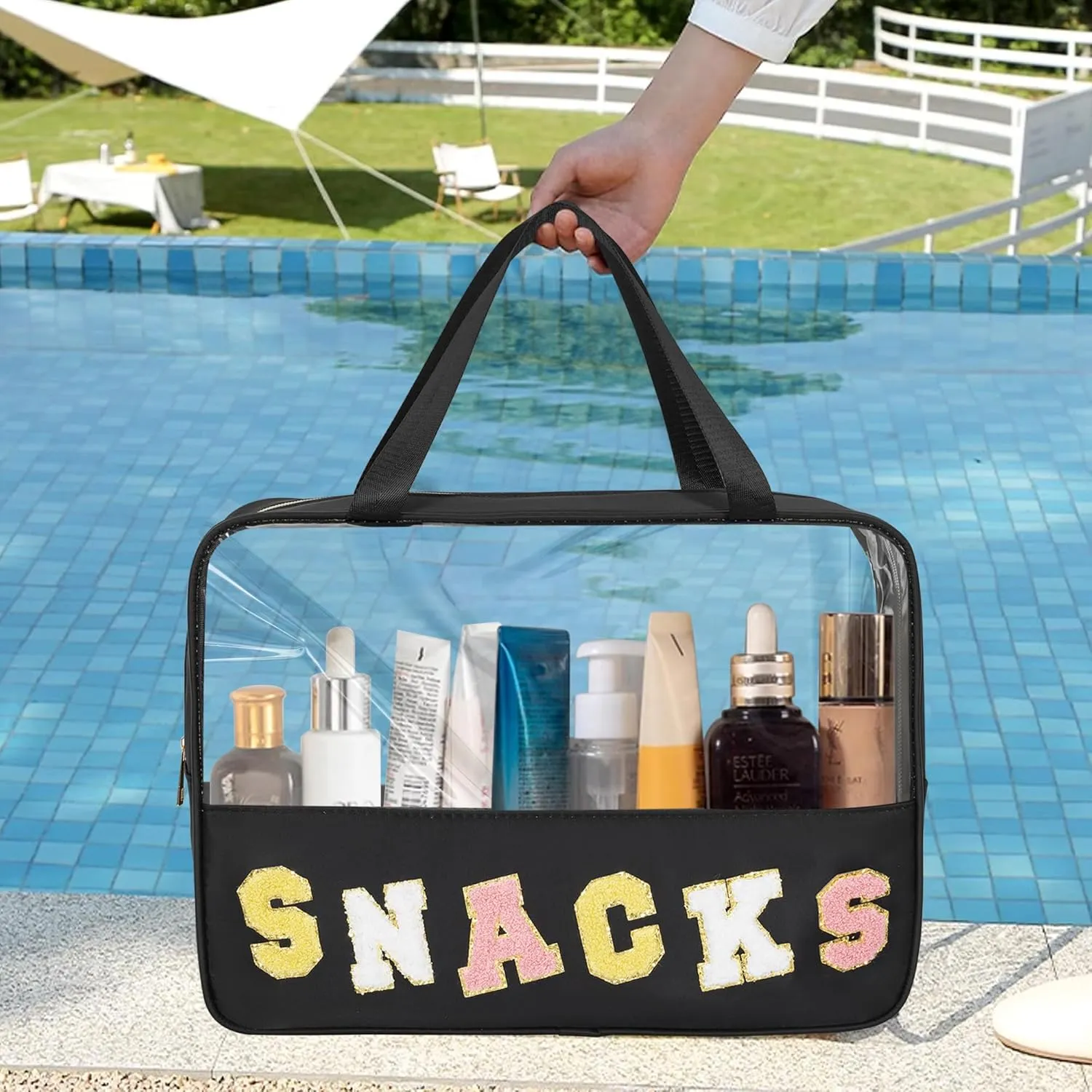 Chenille Letter Snacks Bag Zipper Pouch TPU&Nylon Clear Cosmetic Bag with Handle Toiletry Bags Travel Makeup Bag Multi-purpose Clear Pouches For Women (SNACKS, Black-Large)