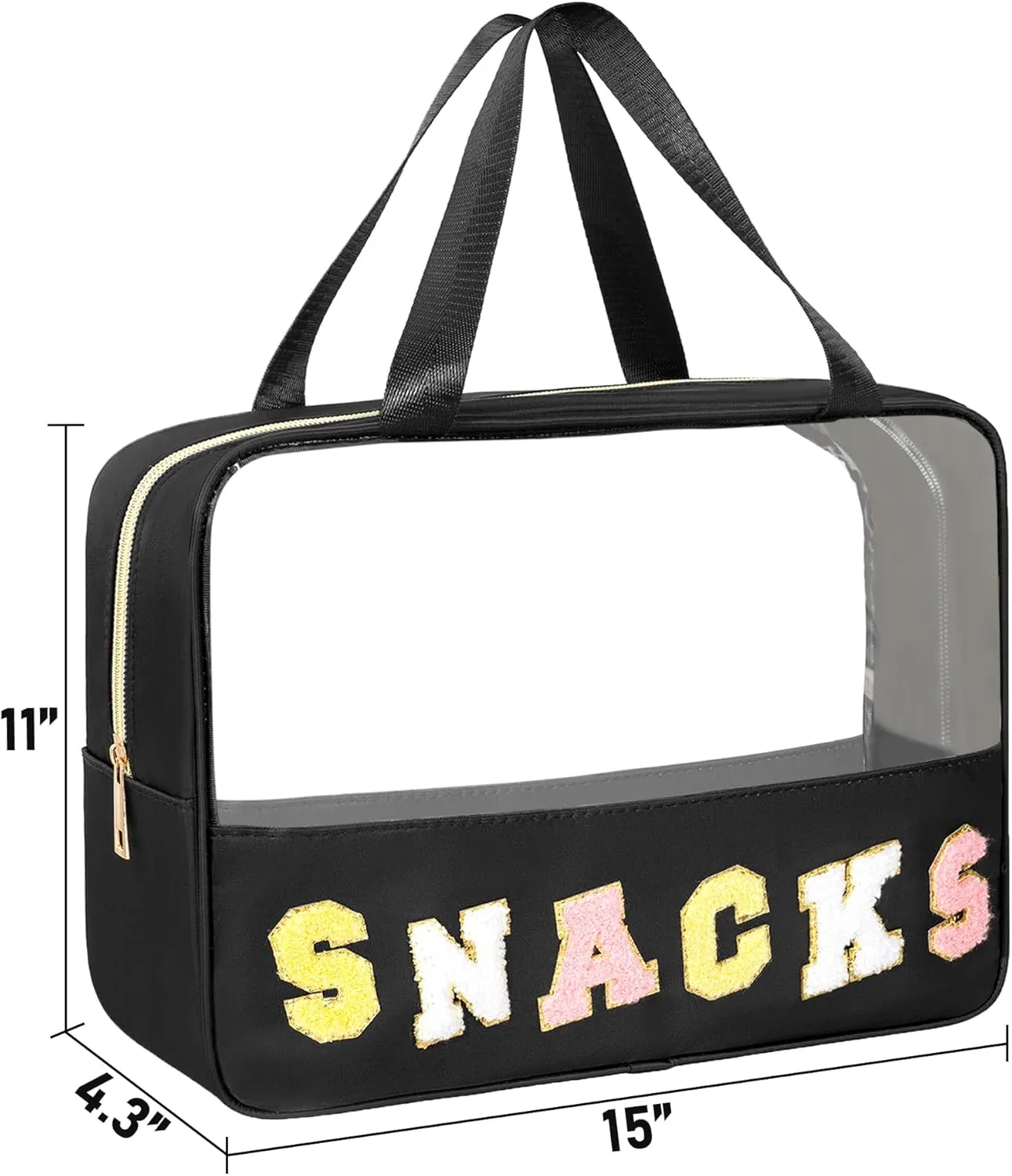 Chenille Letter Snacks Bag Zipper Pouch TPU&Nylon Clear Cosmetic Bag with Handle Toiletry Bags Travel Makeup Bag Multi-purpose Clear Pouches For Women (SNACKS, Black-Large)