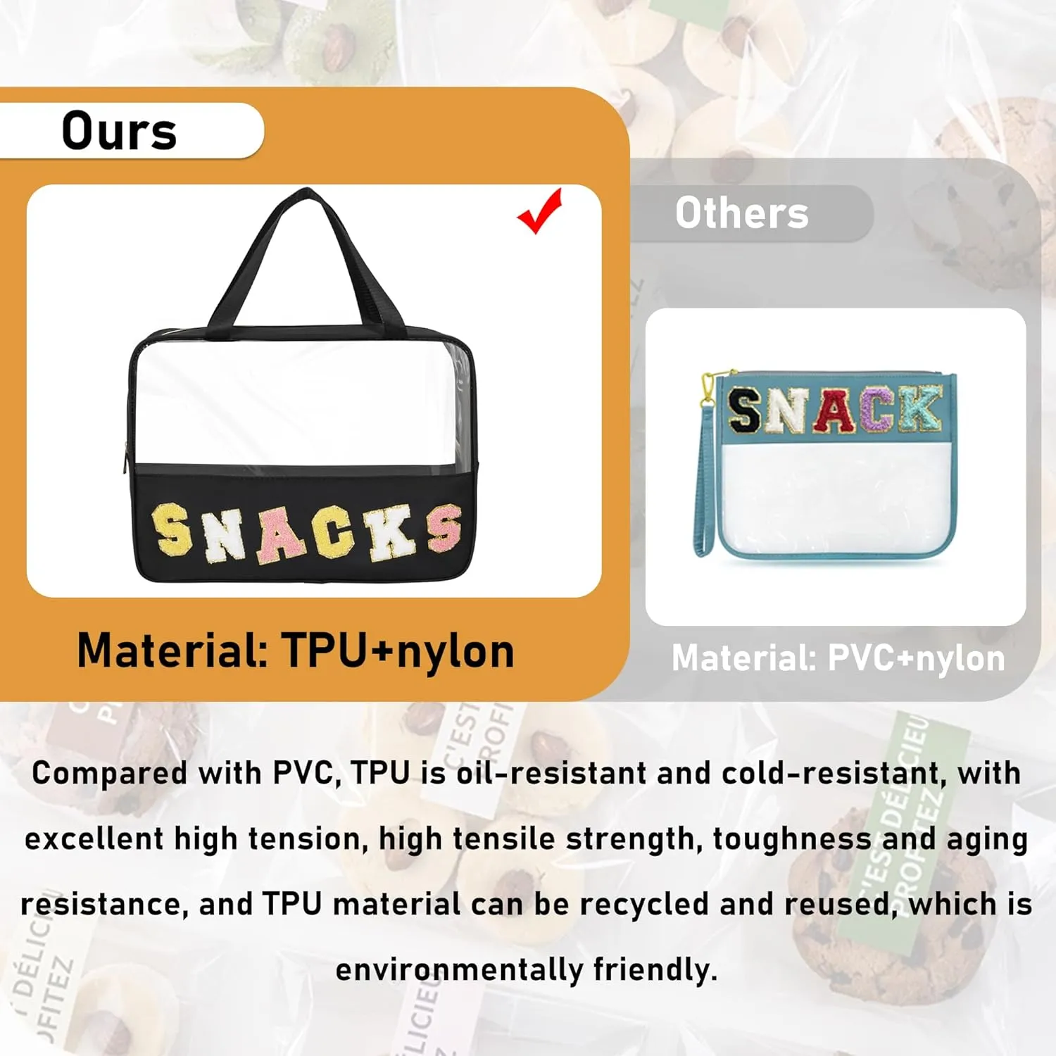 Chenille Letter Snacks Bag Zipper Pouch TPU&Nylon Clear Cosmetic Bag with Handle Toiletry Bags Travel Makeup Bag Multi-purpose Clear Pouches For Women (SNACKS, Black-Large)