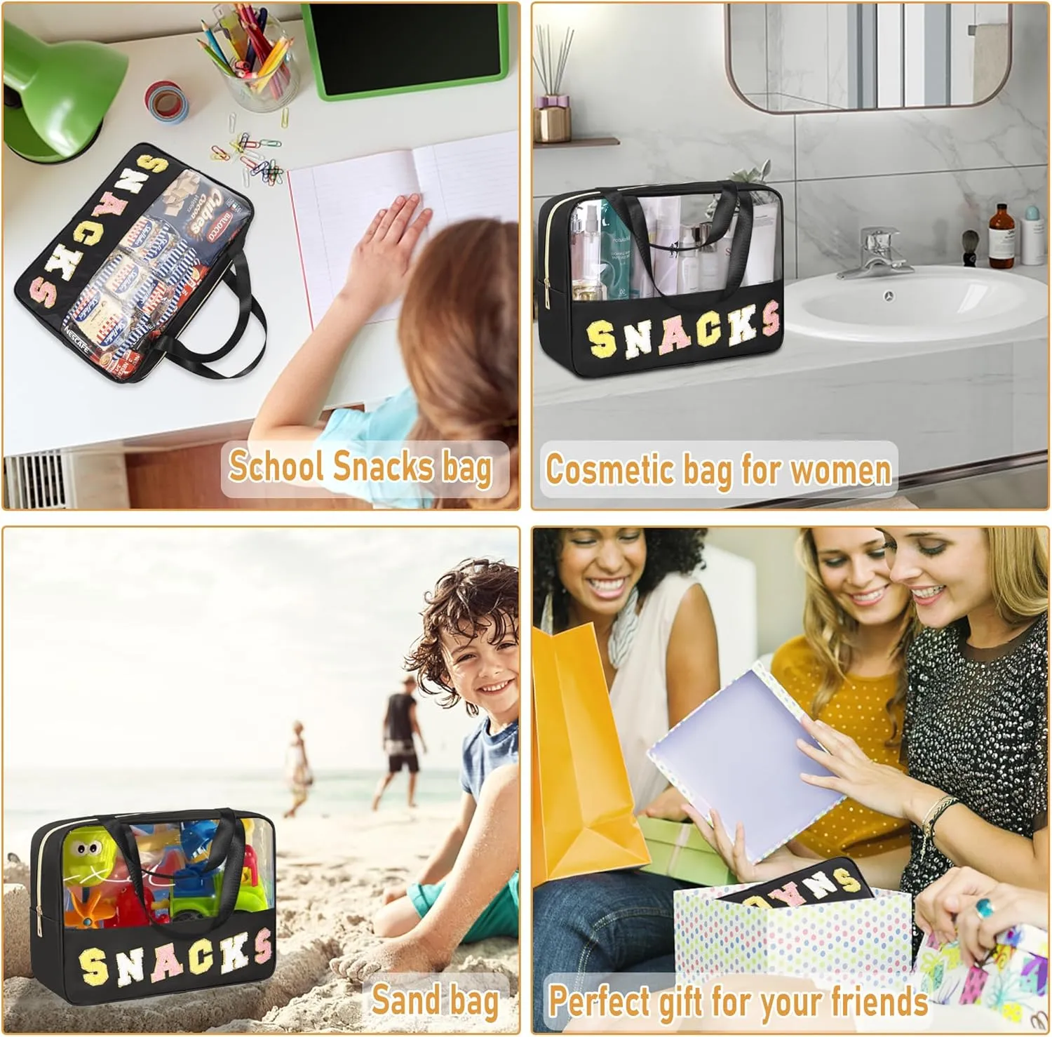 Chenille Letter Snacks Bag Zipper Pouch TPU&Nylon Clear Cosmetic Bag with Handle Toiletry Bags Travel Makeup Bag Multi-purpose Clear Pouches For Women (SNACKS, Black-Large)