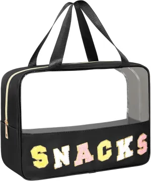 Chenille Letter Snacks Bag Zipper Pouch TPU&Nylon Clear Cosmetic Bag with Handle Toiletry Bags Travel Makeup Bag Multi-purpose Clear Pouches For Women (SNACKS, Black-Large)