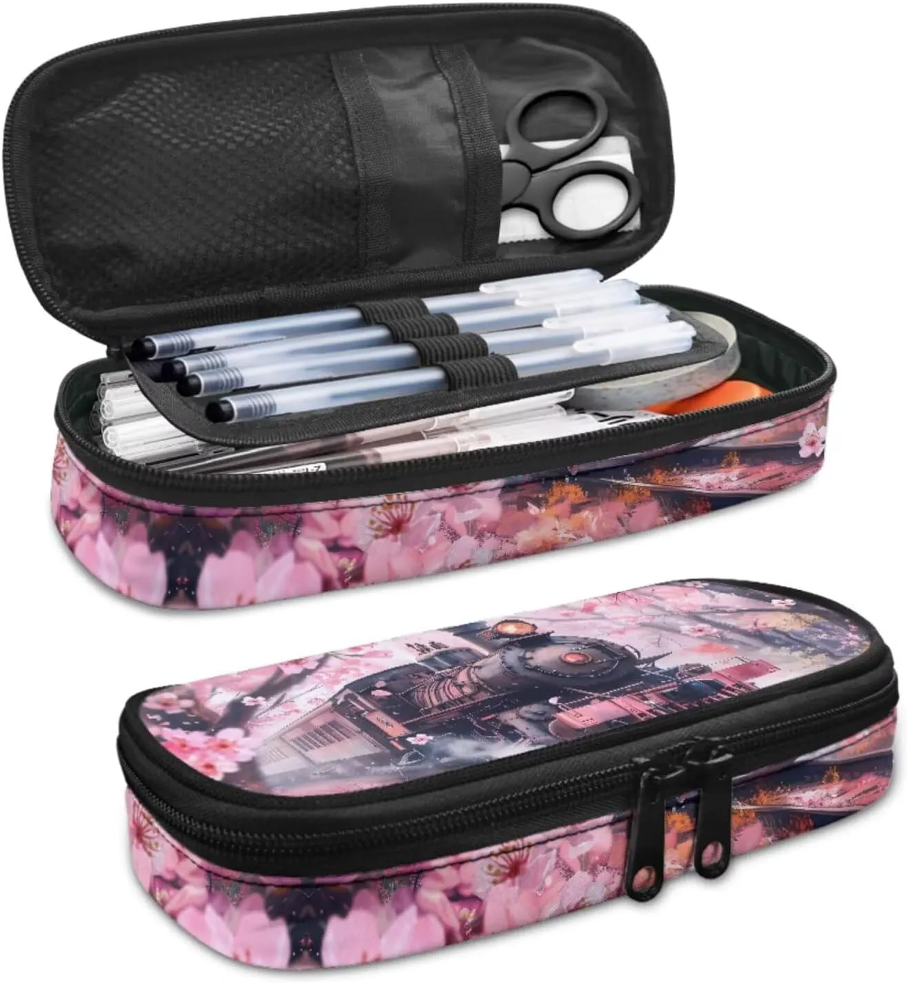 Cherry Blossom Train Backpack Lunchbox Set for Girls School Bag 4 Piece Cute Bookbags Aesthetic for 6th Grader Girls School Backpacks with Tablet Compartment Casual Daypack for Elementary